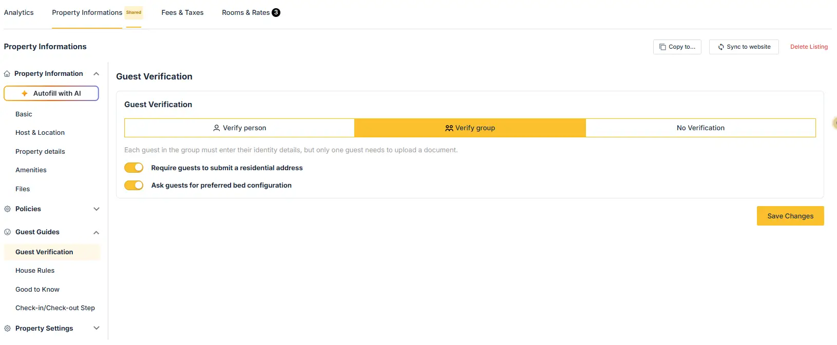 ELEV8 Property Informations - Guest Verification settings screen.