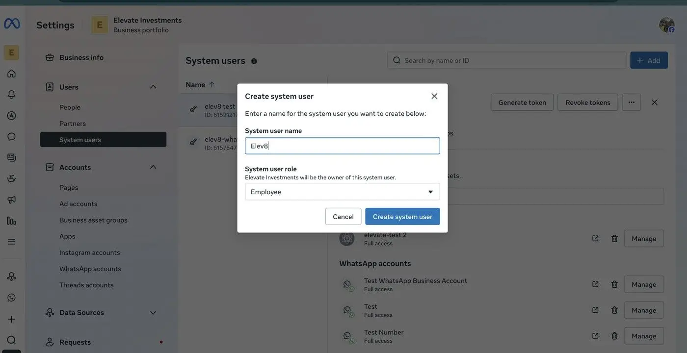 The user is creating a new system user named 'Elev8' and assigning them the 'Employee' role within the Elevate Investments business portfolio.