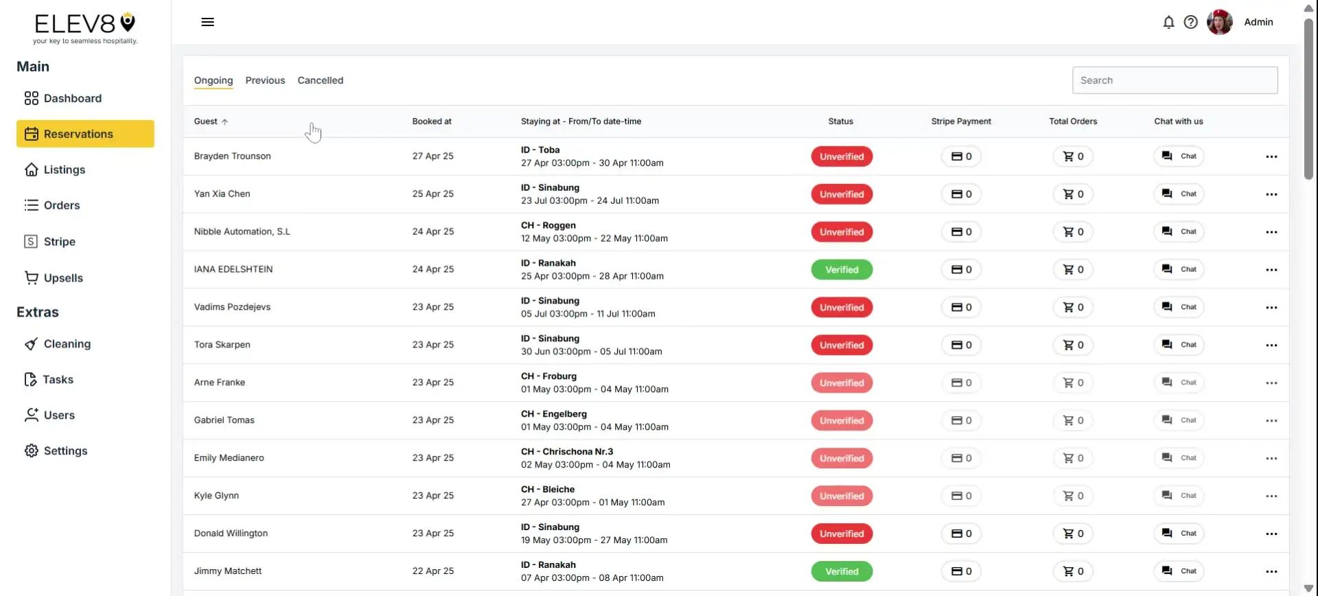 ELEV8 Reservations Ongoing Screen