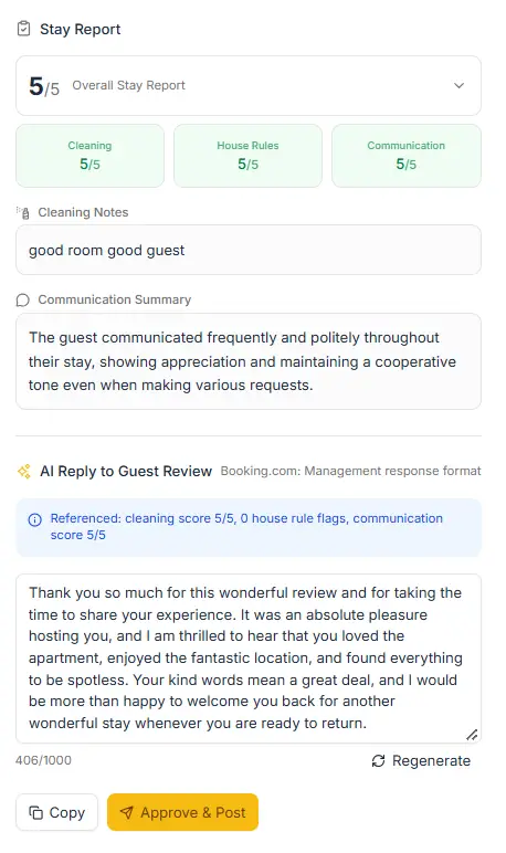 ELEV8 Review Hub Stay Report and AI Reply to Guest Review