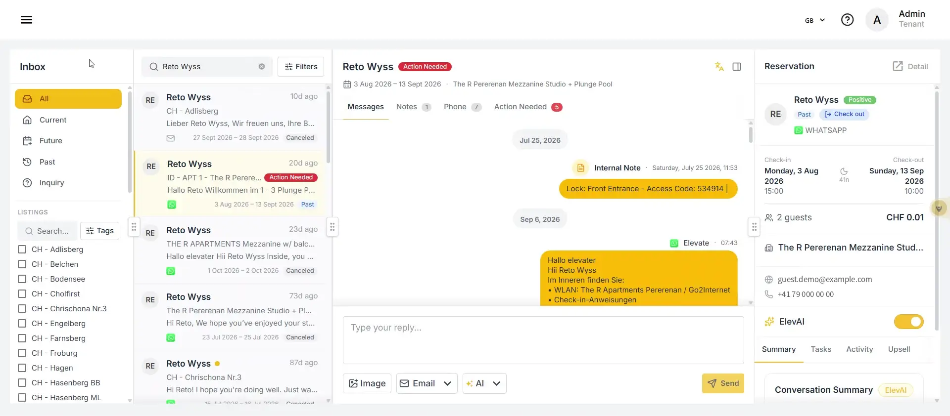 ELEV8 Inbox page showing message list and detailed reservation information.