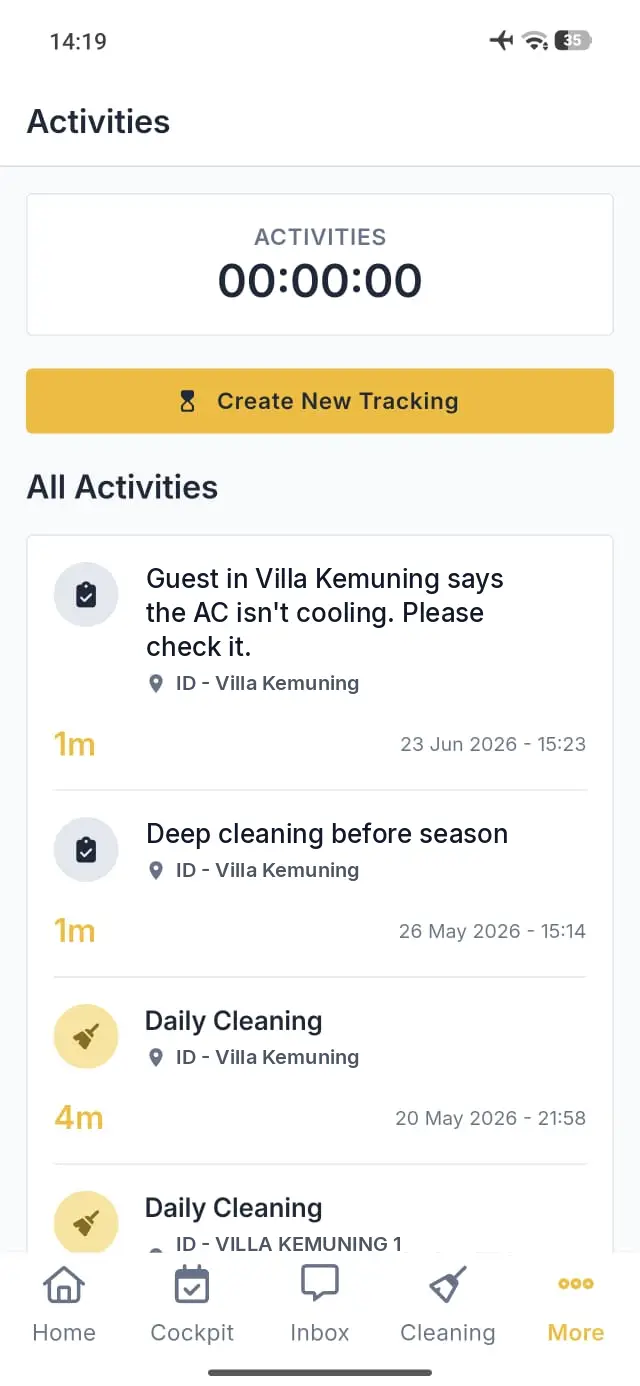 Elev8 Go mobile app Activities screen showing time tracking and past activities list.