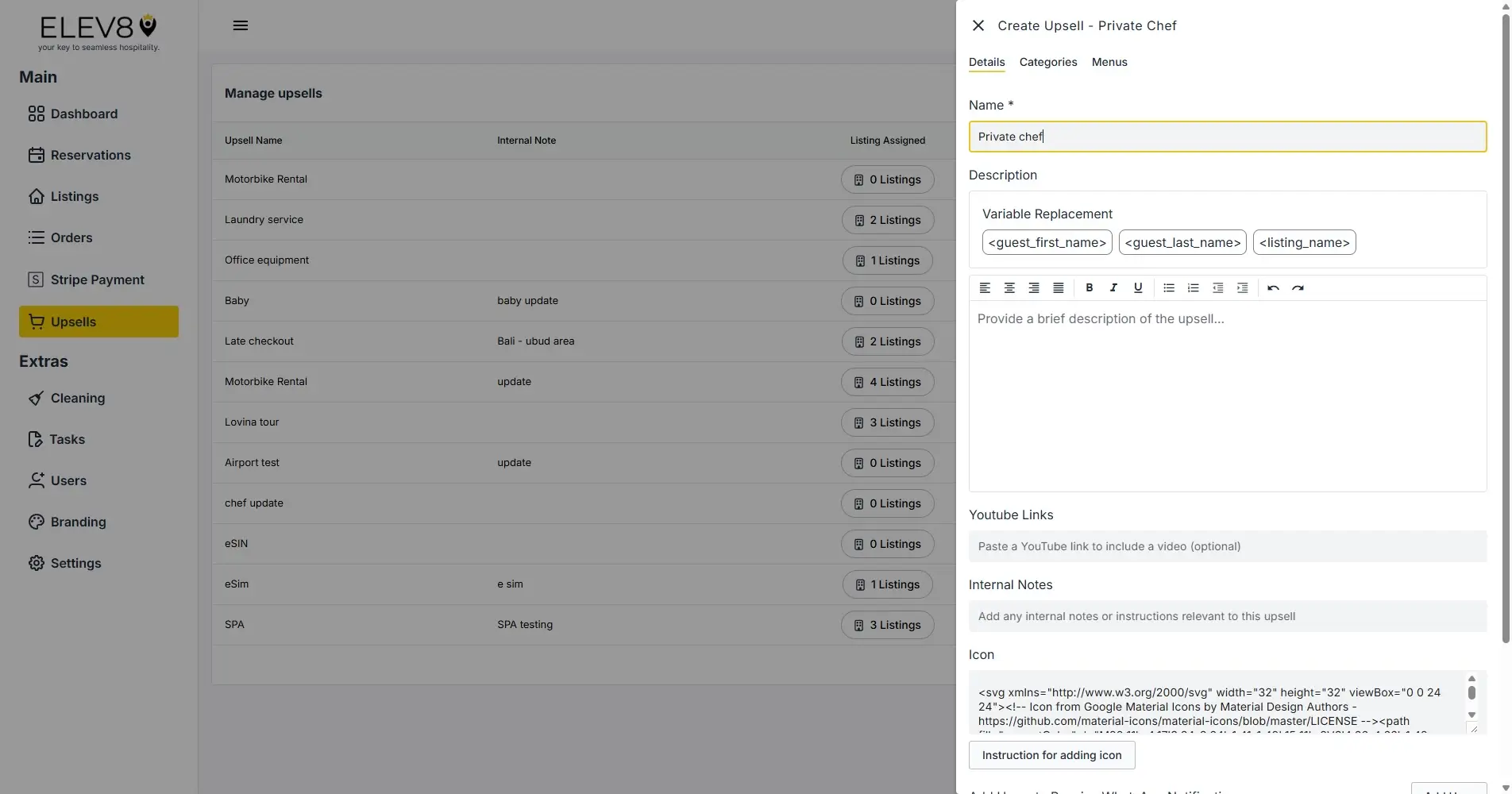 ELEV8 platform Manage upsells and Create Upsell form interface