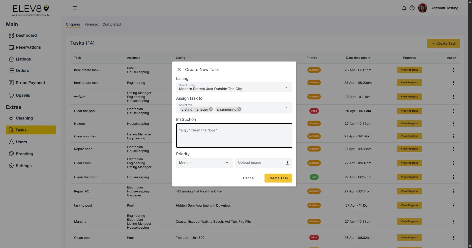 ELEV8 Tasks section with Create New Task modal open.