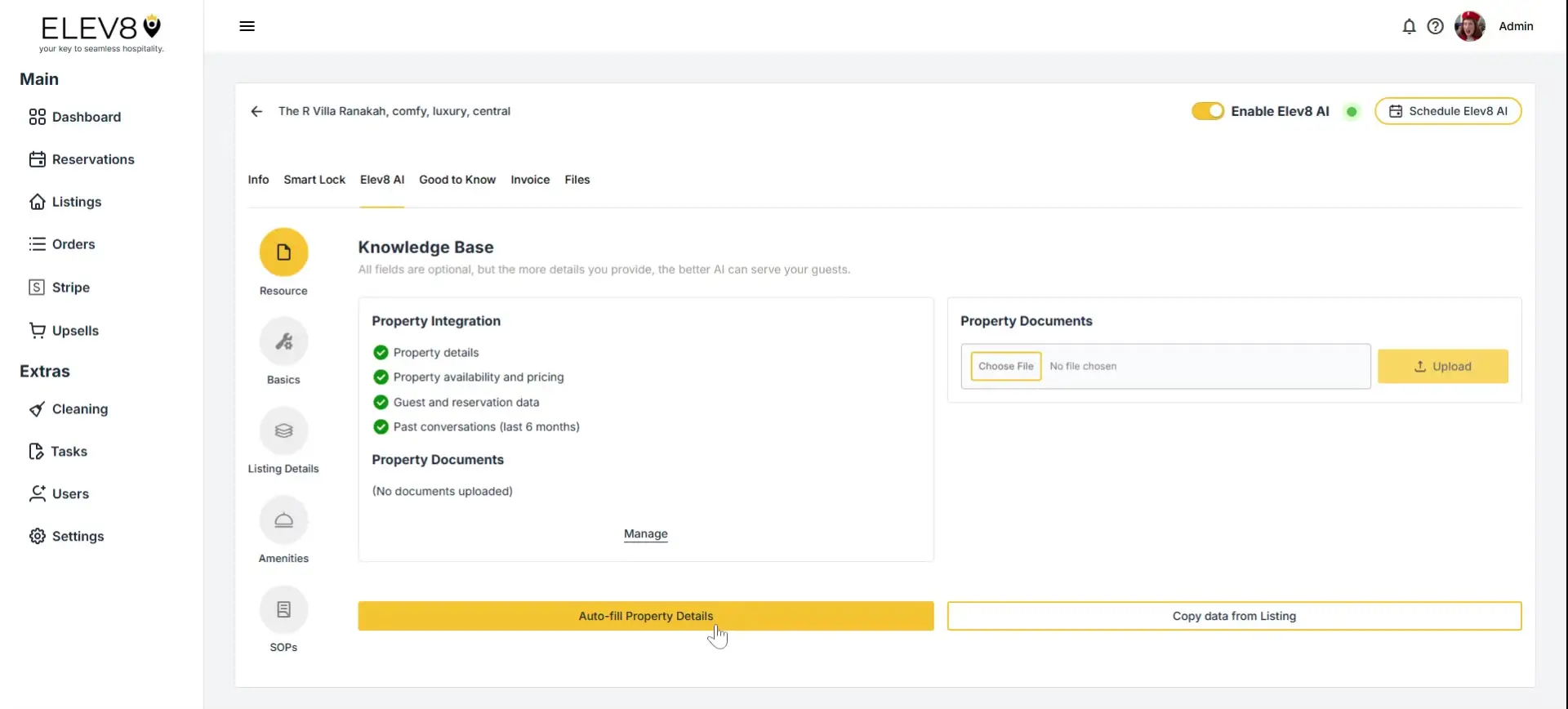 ELEV8 platform Knowledge Base screen for property management with navigation menu and document upload options.