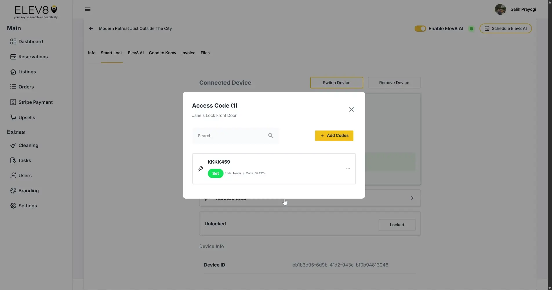 ELEV8 platform access code management screen for Jane's Lock Front Door.
