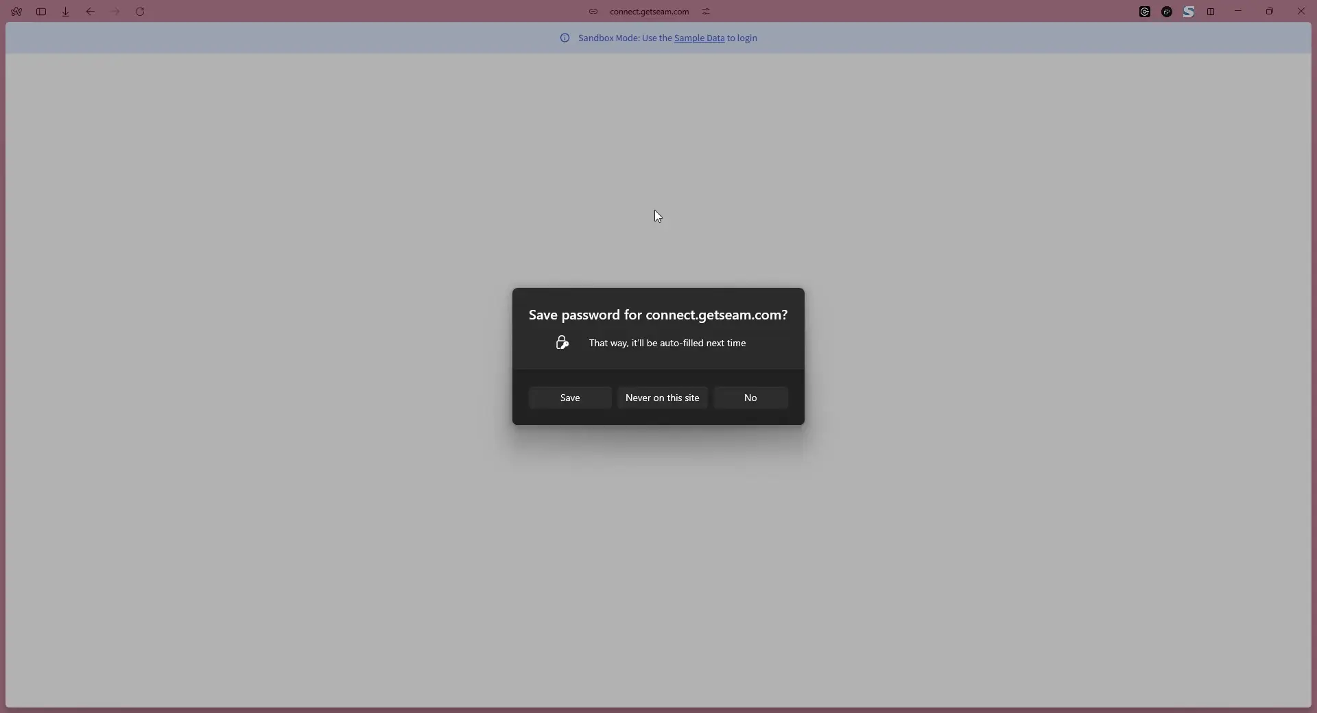 Password save prompt on connect.getseam.com in Sandbox Mode.