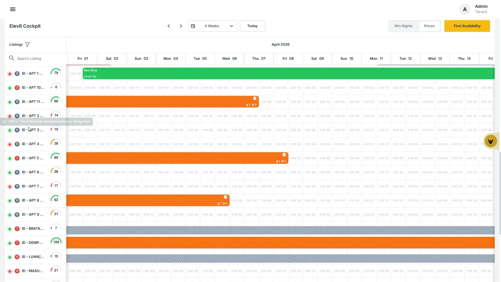 The user is viewing the Elev8 Cockpit, a calendar interface displaying rental listings and their availability. The calendar shows pricing for April 2026, with different apartments listed on the left and corresponding daily rates on the right. The user has searched for listings and is likely managing bookings or availability.