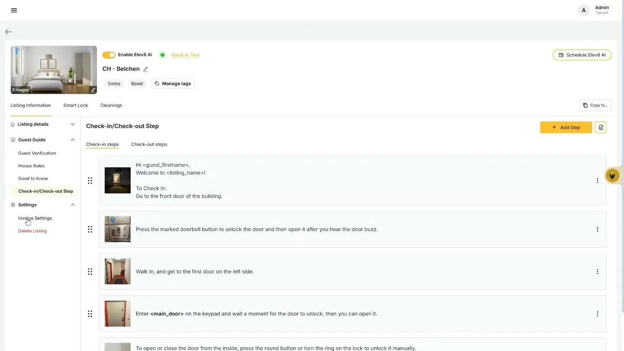 The user is viewing the check-in/check-out steps for a listing. The page displays a list of steps with images and instructions for guests to follow.