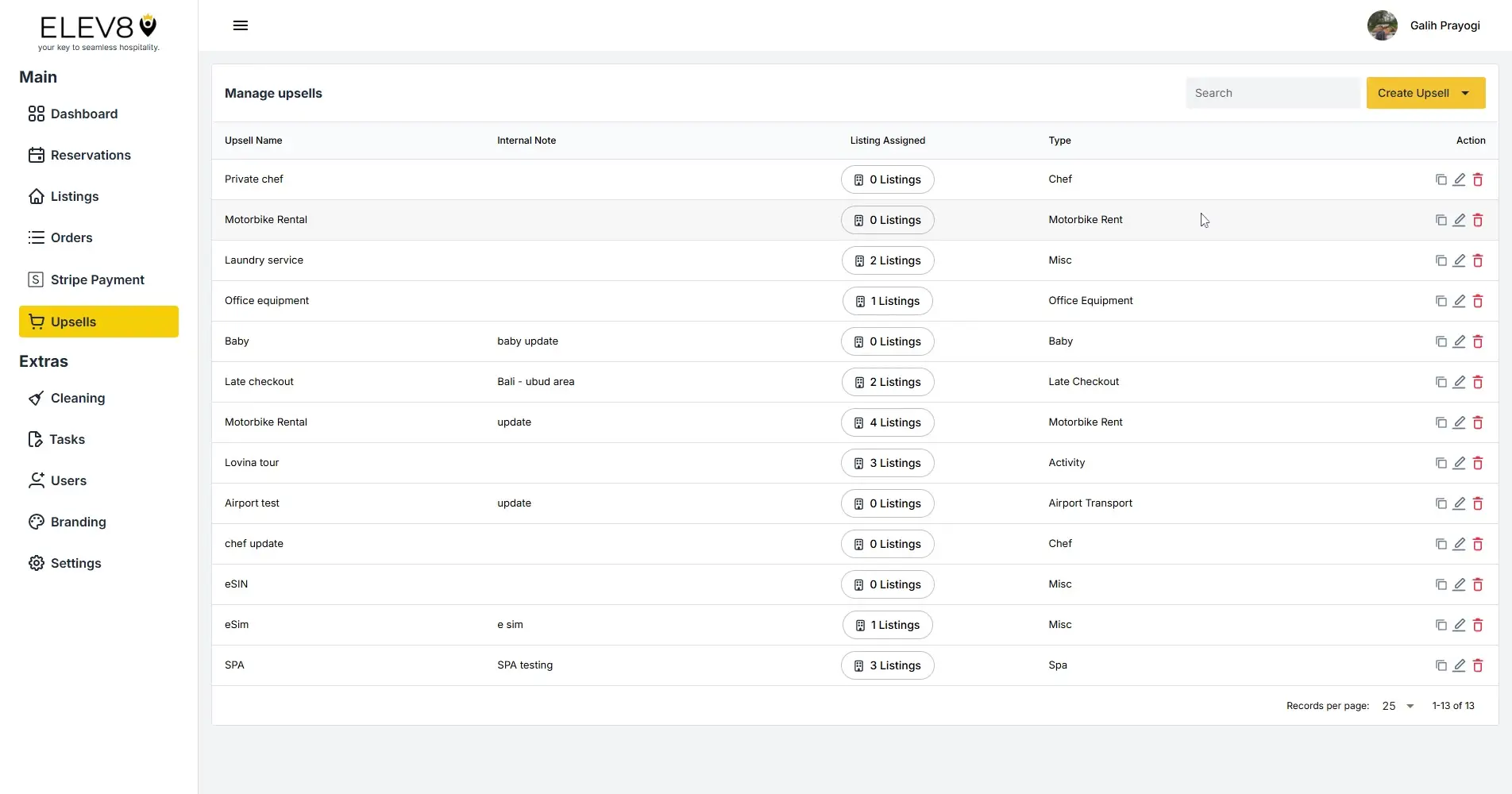 ELEV8 Manage Upsells page showing a list of upsell options with details and actions.