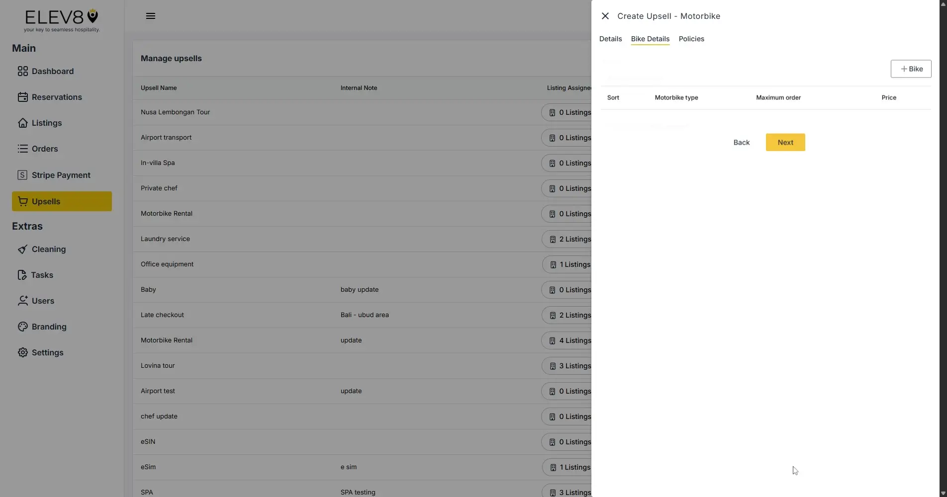 ELEV8 platform Manage Upsells and Create Upsell - Motorbike screen