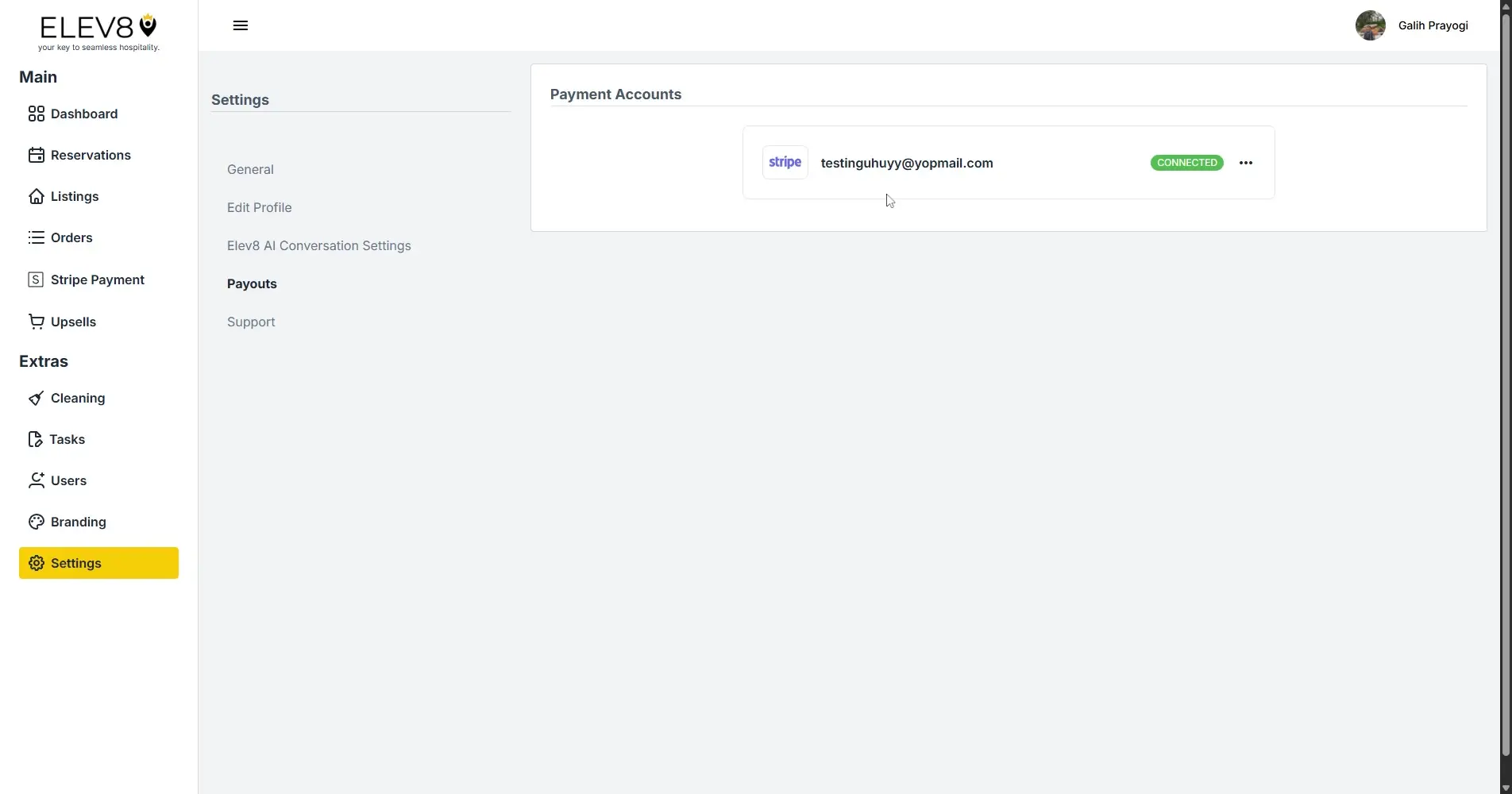 ELEV8 platform settings page showing Stripe payment account connection.