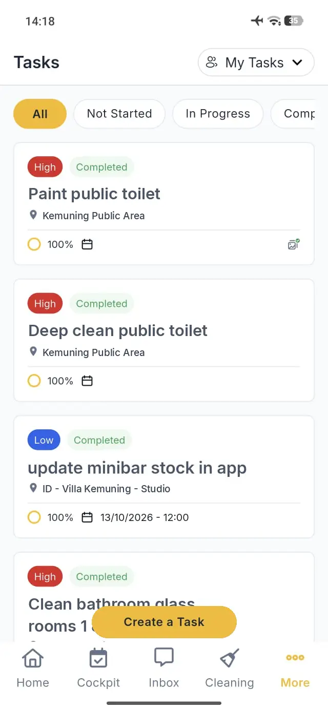 Elev8 Go mobile app Tasks section showing task list with filters and create task button.