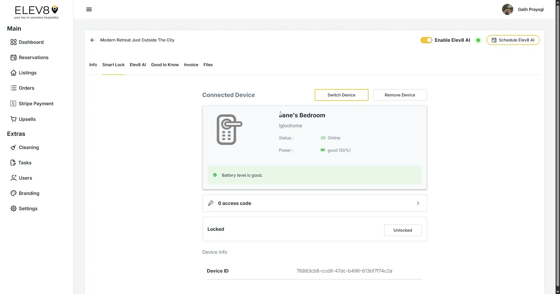 ELEV8 Smart Lock settings page for Jane's Bedroom showing device status and options.