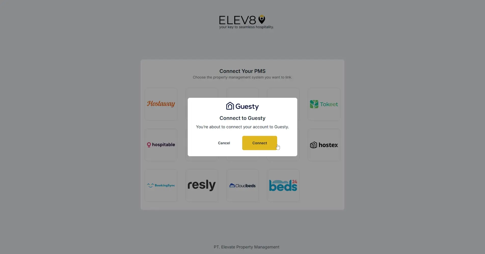 ELEV8 Connect Your PMS screen with Guesty connection pop-up.