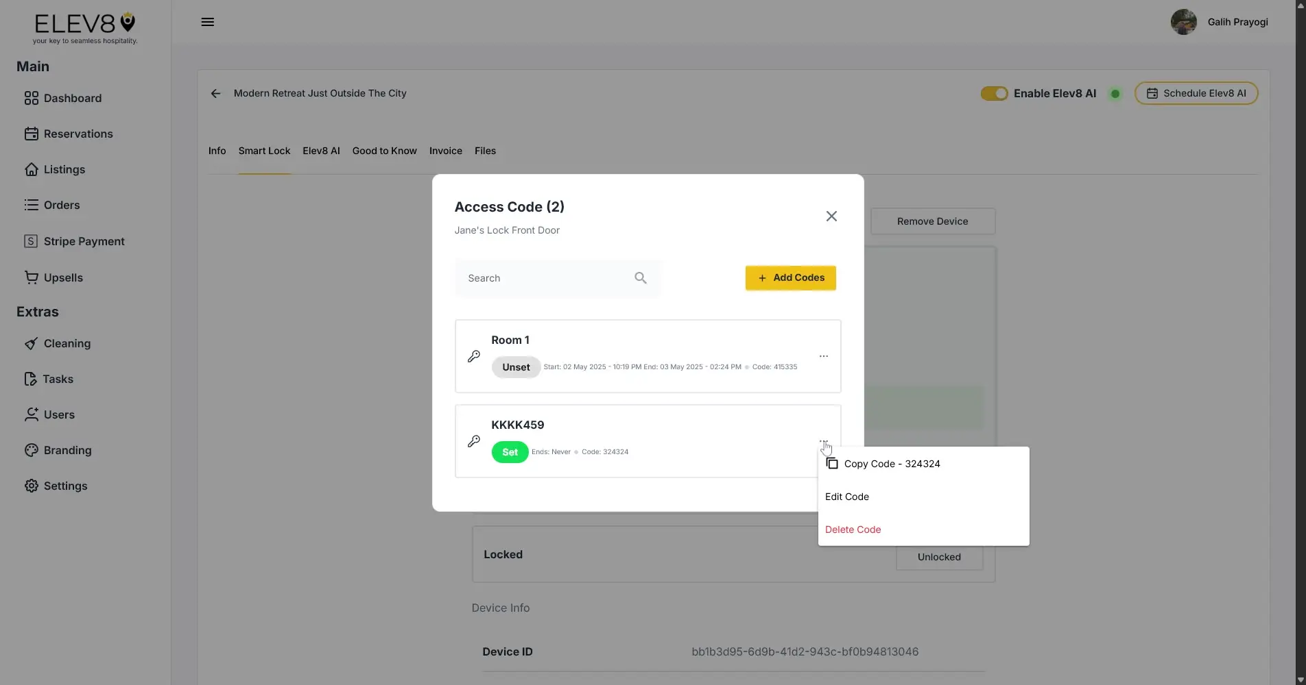 ELEV8 Access Code management interface showing options for managing access codes for Jane's Lock Front Door.