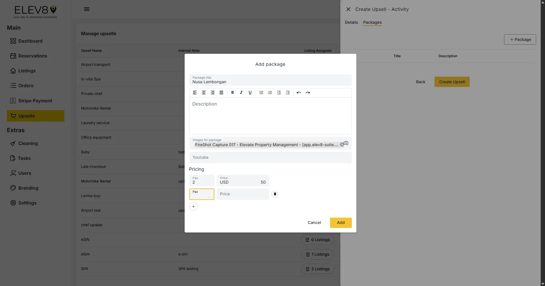 ELEV8 platform add package interface in Create Upsell - Activity section
