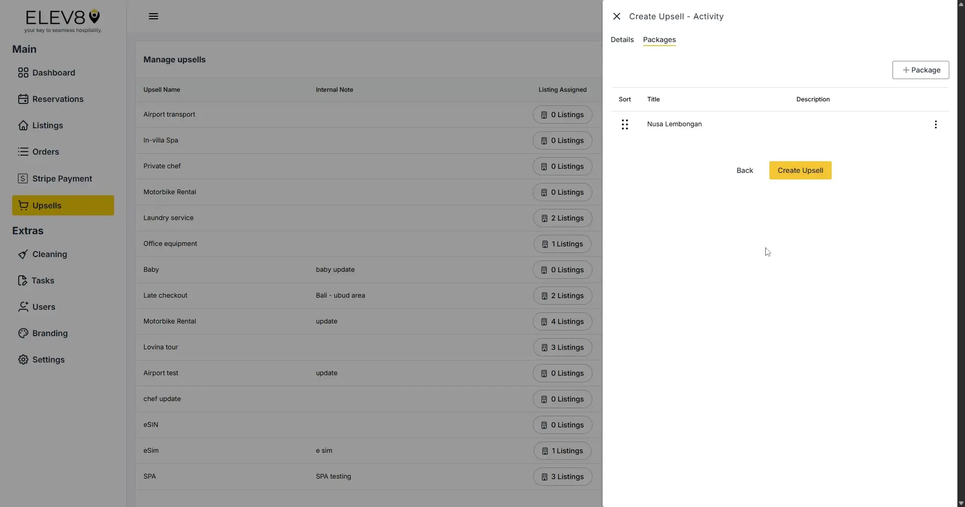 ELEV8 platform Manage Upsells and Create Upsell Activity screen.