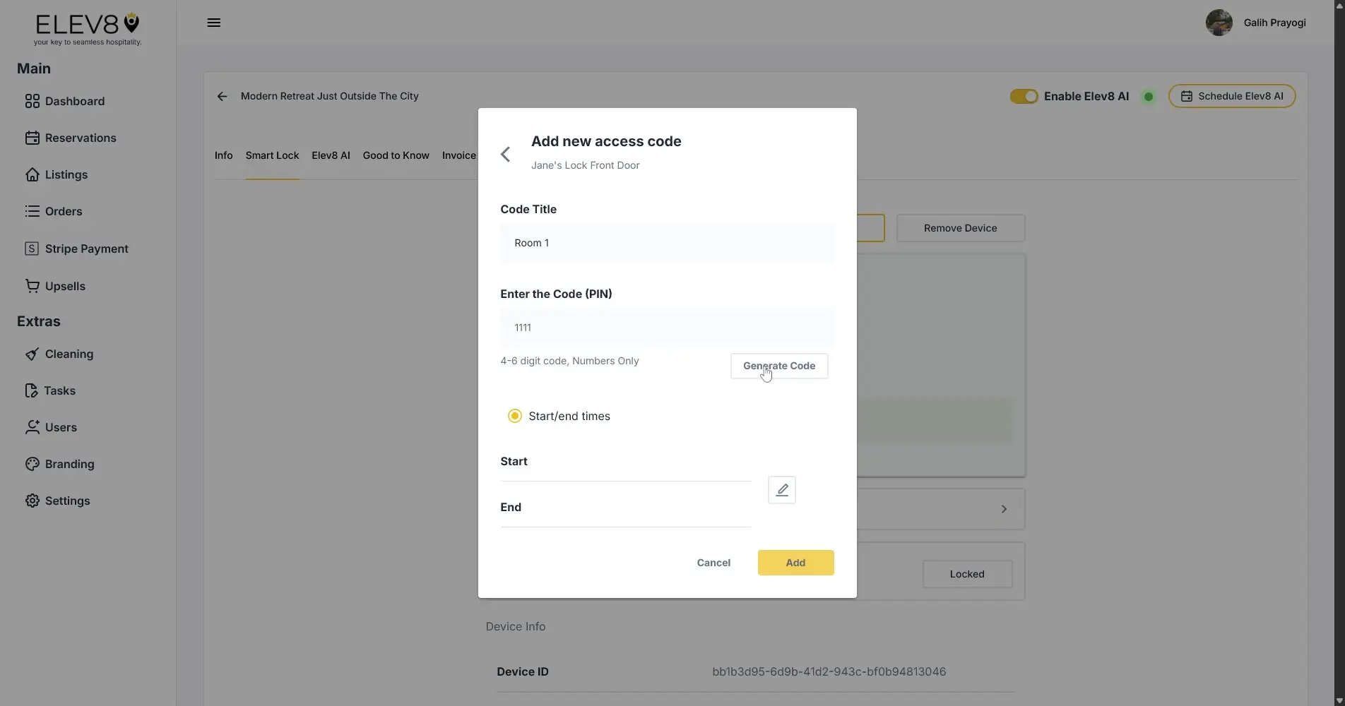 ELEV8 platform add new access code screen for smart lock management.