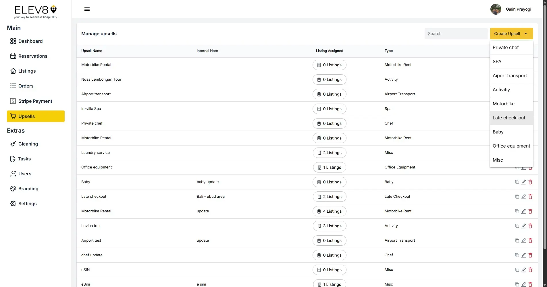 ELEV8 Manage Upsells page showing a list of upsell options with a create upsell dropdown menu.