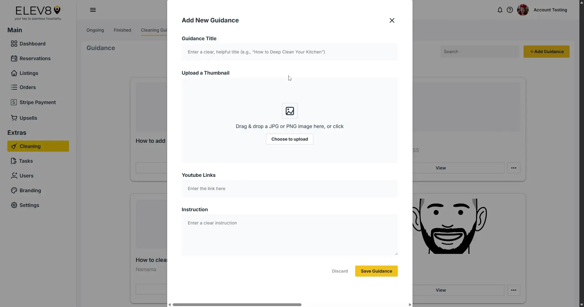 ELEV8 platform Add New Guidance screen in the Cleaning section.