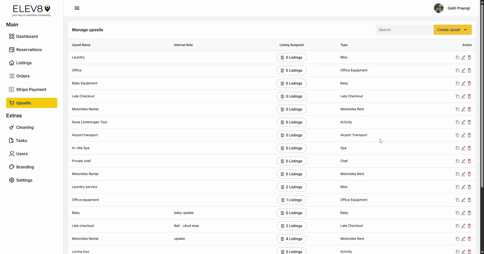 ELEV8 Manage Upsells page showing a list of upsell services with options to edit or delete each entry.