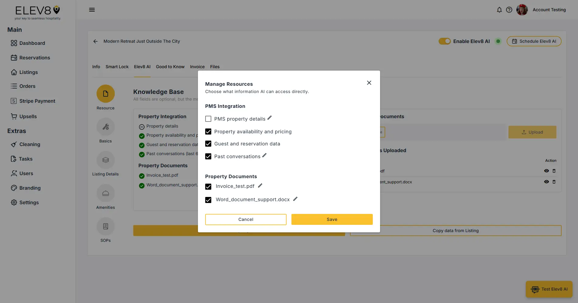 ELEV8 AI Manage Resources pop-up window in the ELEV8 platform interface.