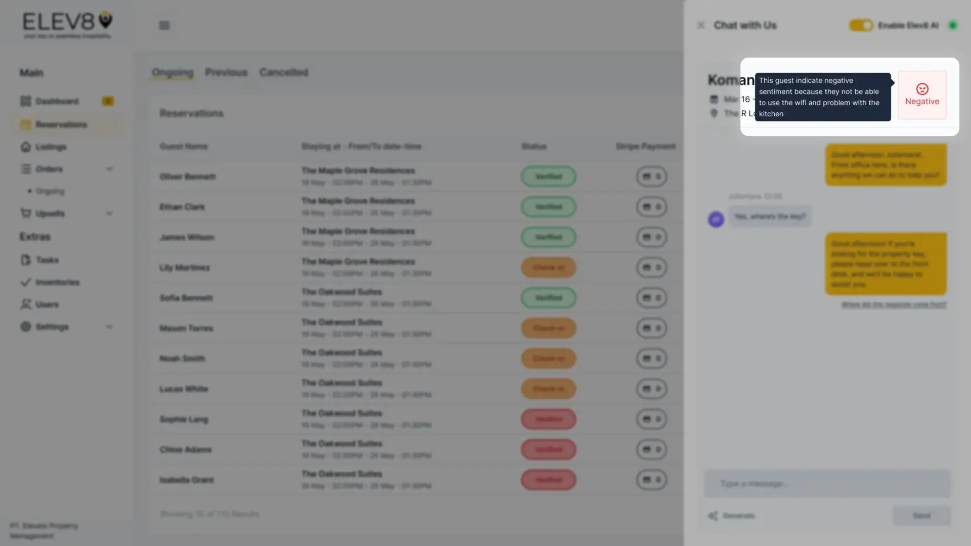 ELEV8 reservation management screen with ongoing reservations list and chat window open.
