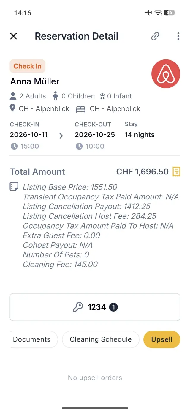 Reservation Detail screen for Anna Müller in Elev8 Go app showing booking details and costs.