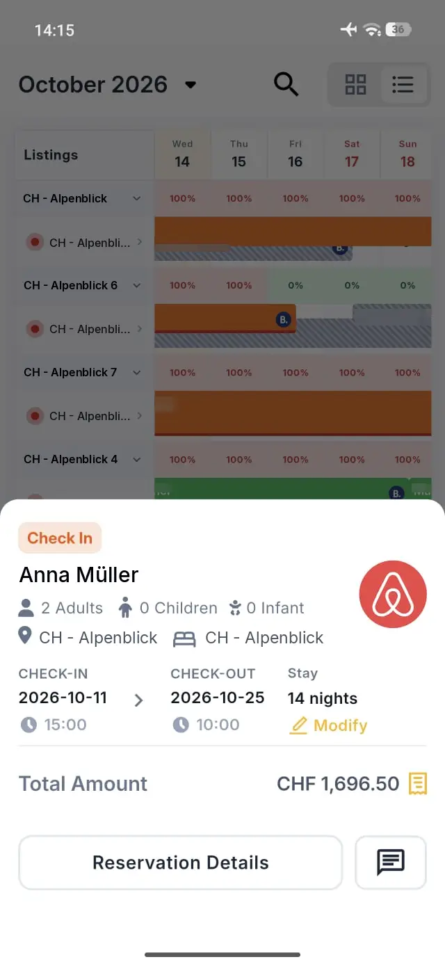 ELEV8 Go app reservation details for October 2026 with listing and booking information.