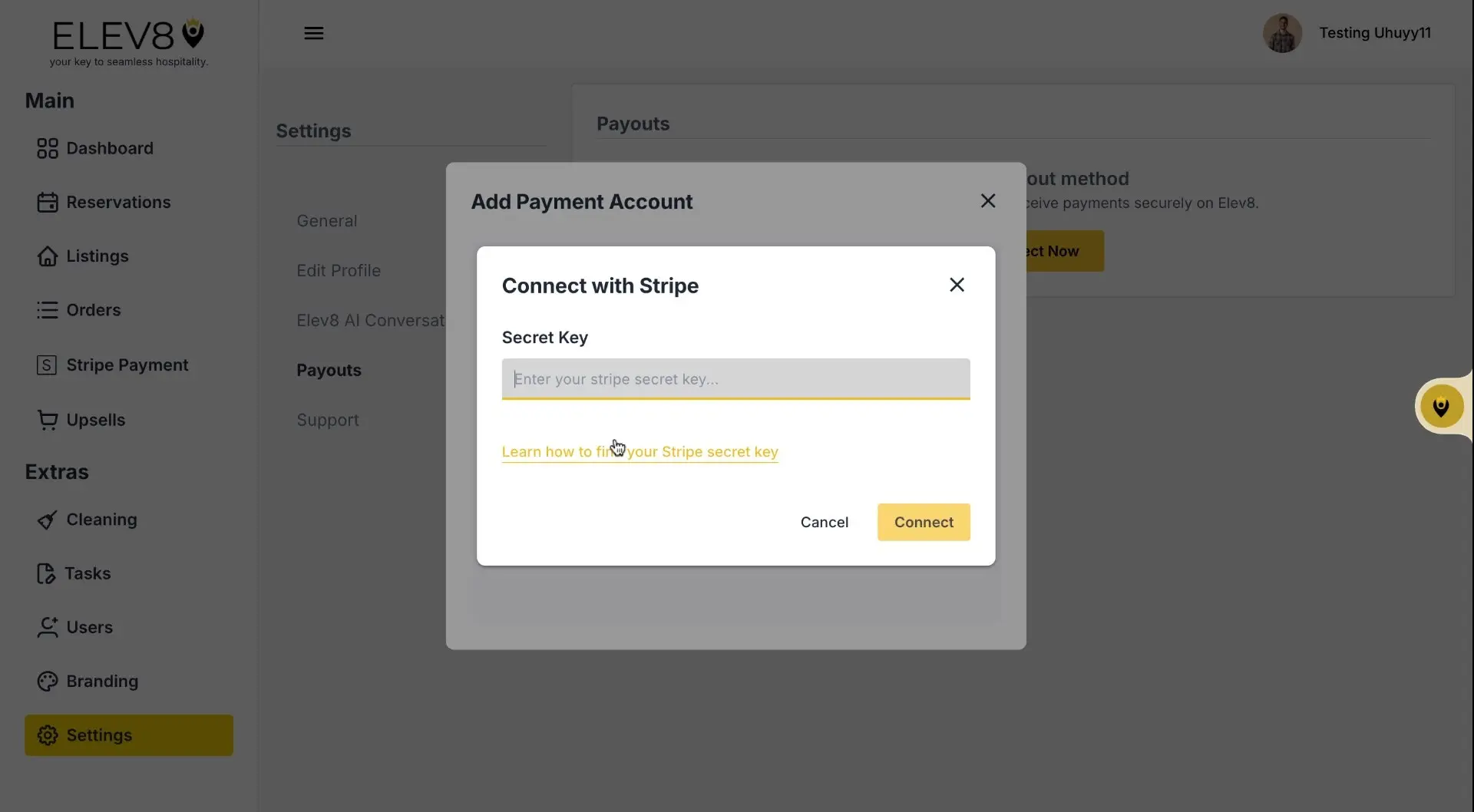 ELEV8 platform Settings screen showing Add Payment Account dialog for connecting with Stripe.