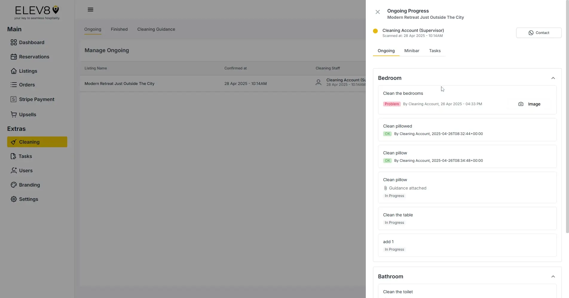 ELEV8 Cleaning Ongoing Progress screen for Modern Retreat Just Outside The City