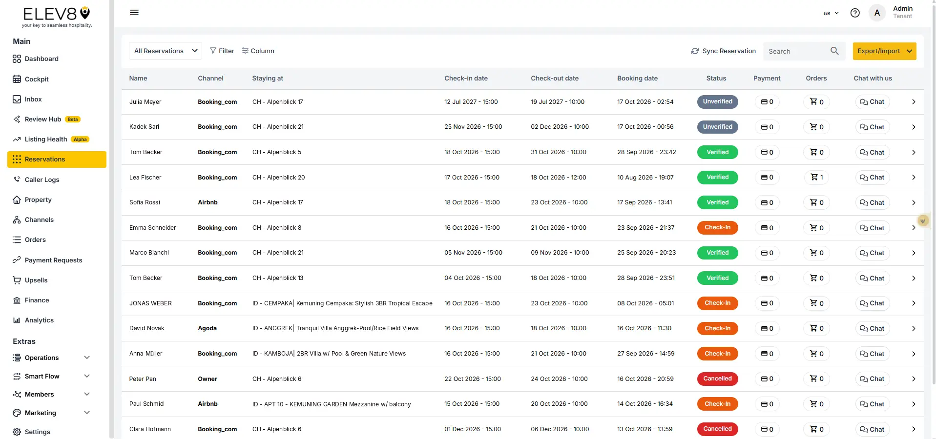 ELEV8 Reservations management screen showing a list of bookings with details and status indicators.