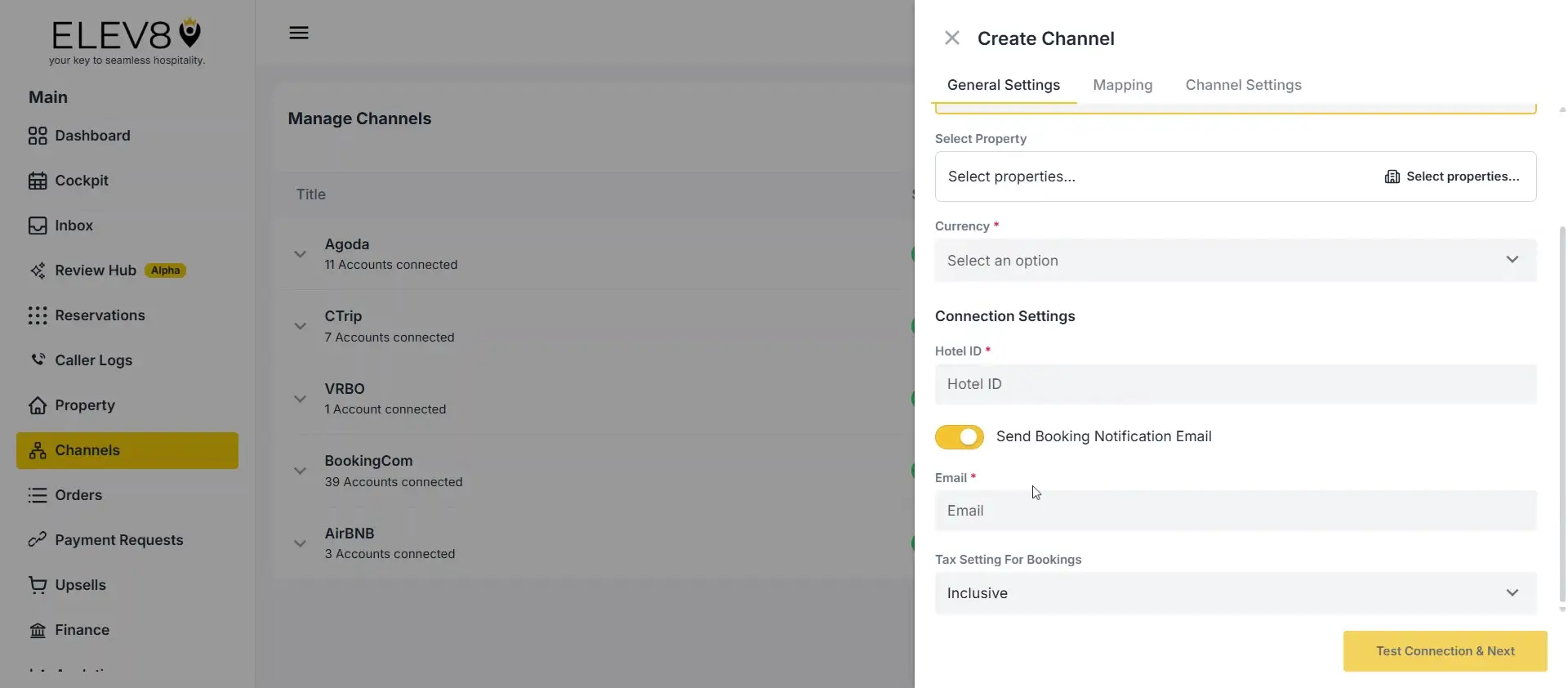 The user is on the "Manage Channels" page and is creating a new channel. They are currently filling out the "General Settings" for the channel, including selecting a property, currency, and connection settings like Hotel ID and email.