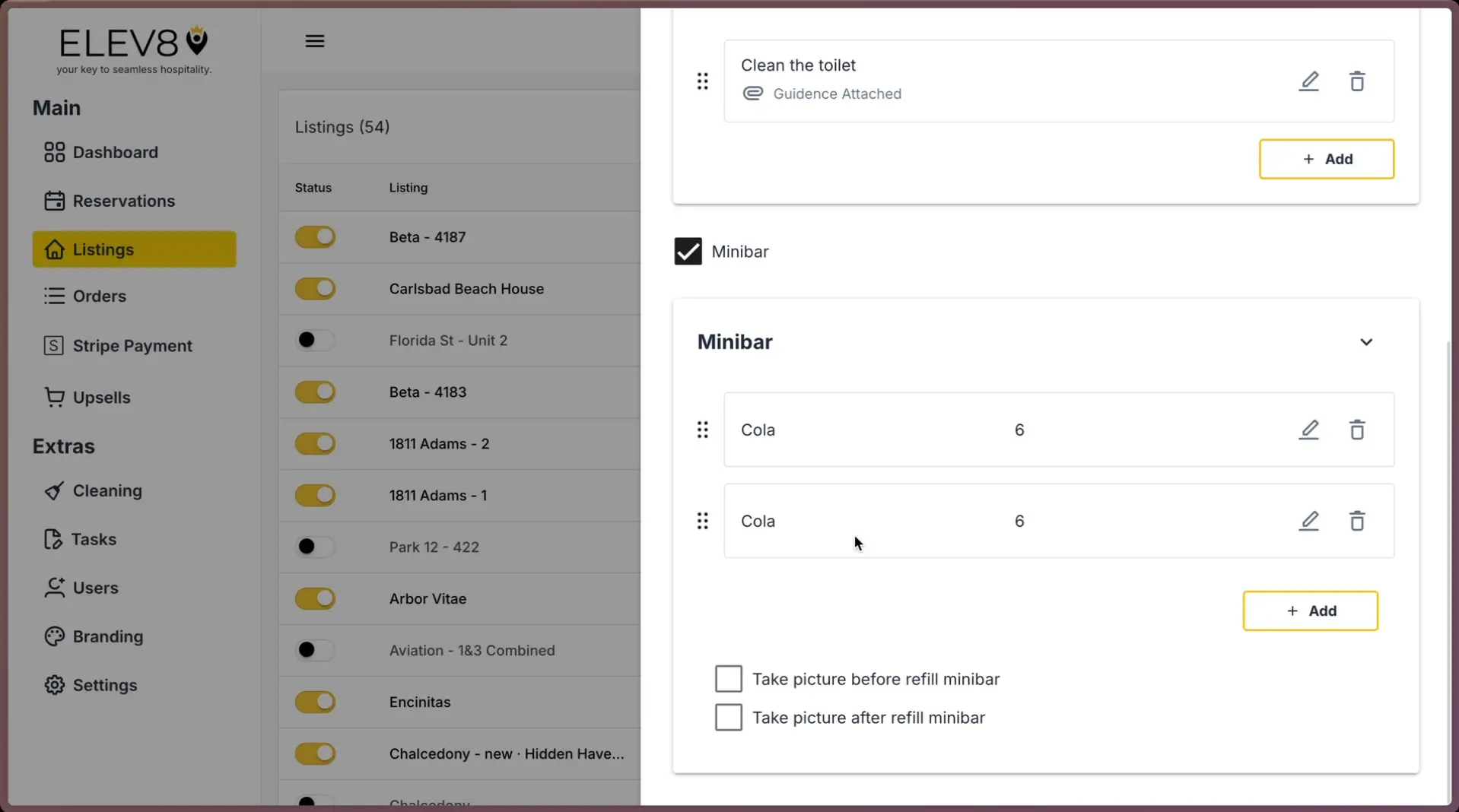ELEV8 application interface showing Listings and Cleanings features with minibar details.