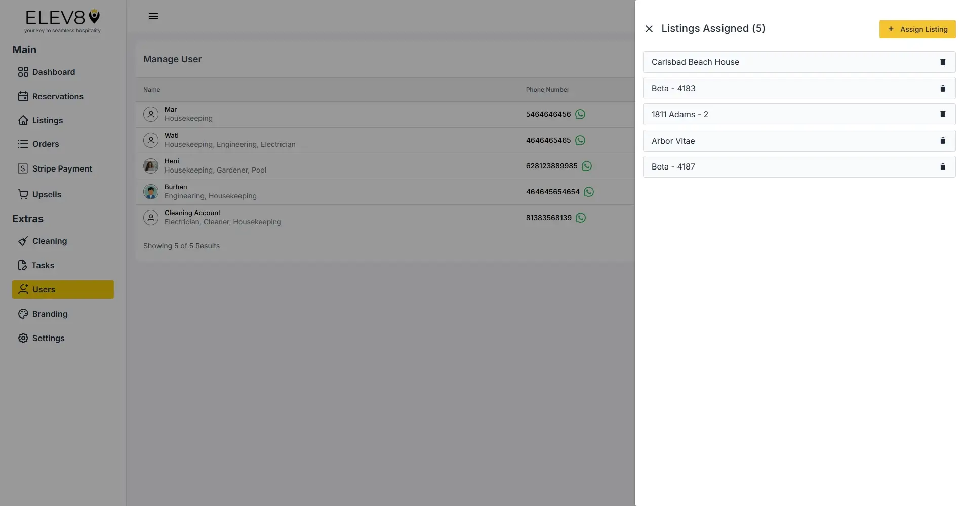 ELEV8 platform Manage User section with user list and assigned listings panel.