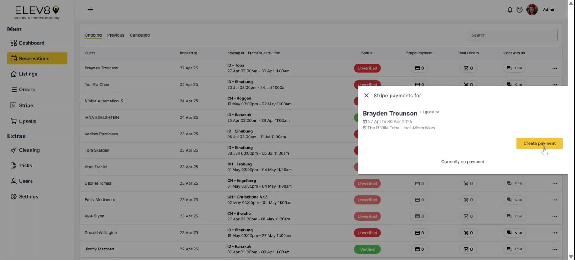 ELEV8 platform Reservations page with Stripe payment pop-up for Brayden Trounson.