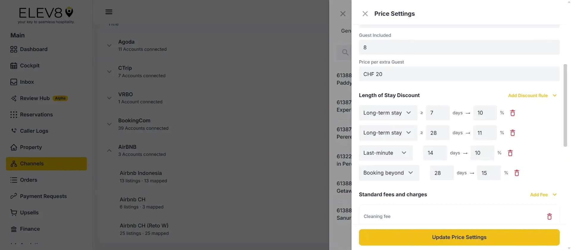 The user is configuring price settings for their property on the ELEV8 platform. They are setting the number of guests included, the price per extra guest, and various length-of-stay discounts. The user can also add standard fees and charges like a cleaning fee.