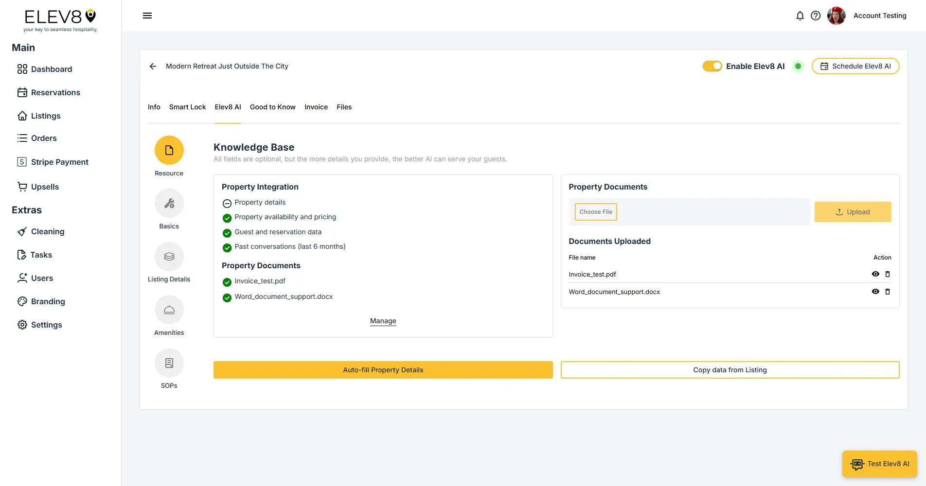 ELEV8 AI Knowledge Base screen for providing property information.