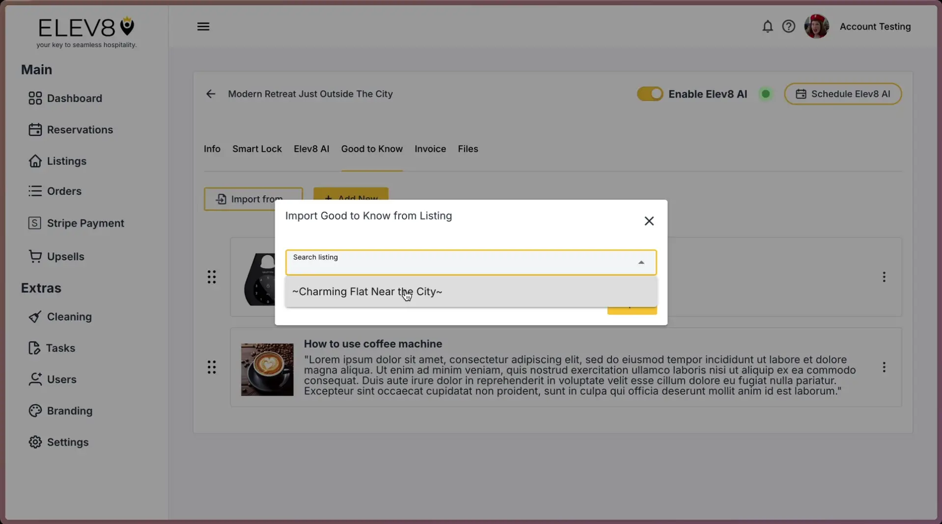 ELEV8 platform interface showing 'Import Good to Know from Listing' pop-up in the 'Good to Know' tab.