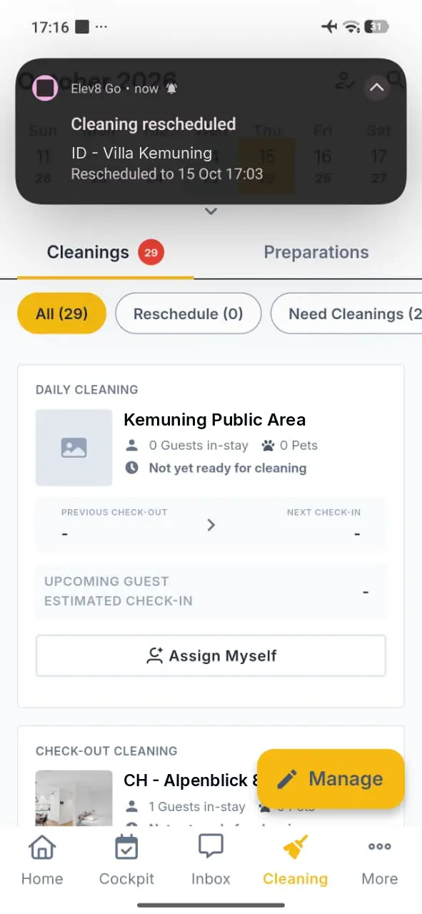 Elev8 Go app cleaning management screen showing cleaning reschedule notification and cleaning tasks.
