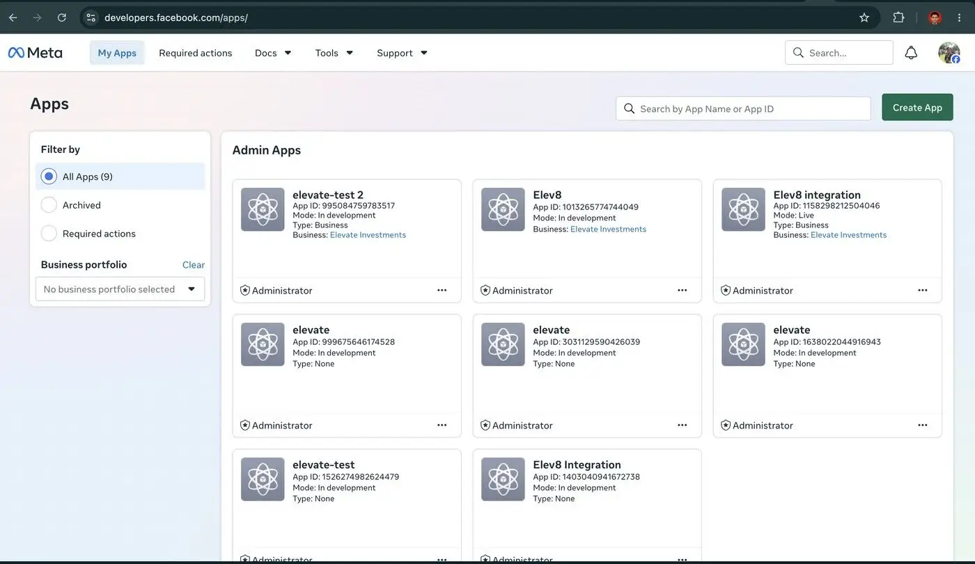 The ELEV8 product page displays a list of admin apps, including various 'elevate' and 'Elev8' applications. Users can filter these apps by status, such as 'All Apps', 'Archived', or 'Required actions', and can also select a business portfolio. The page also features a search bar to find apps by name or ID and a button to create a new app.