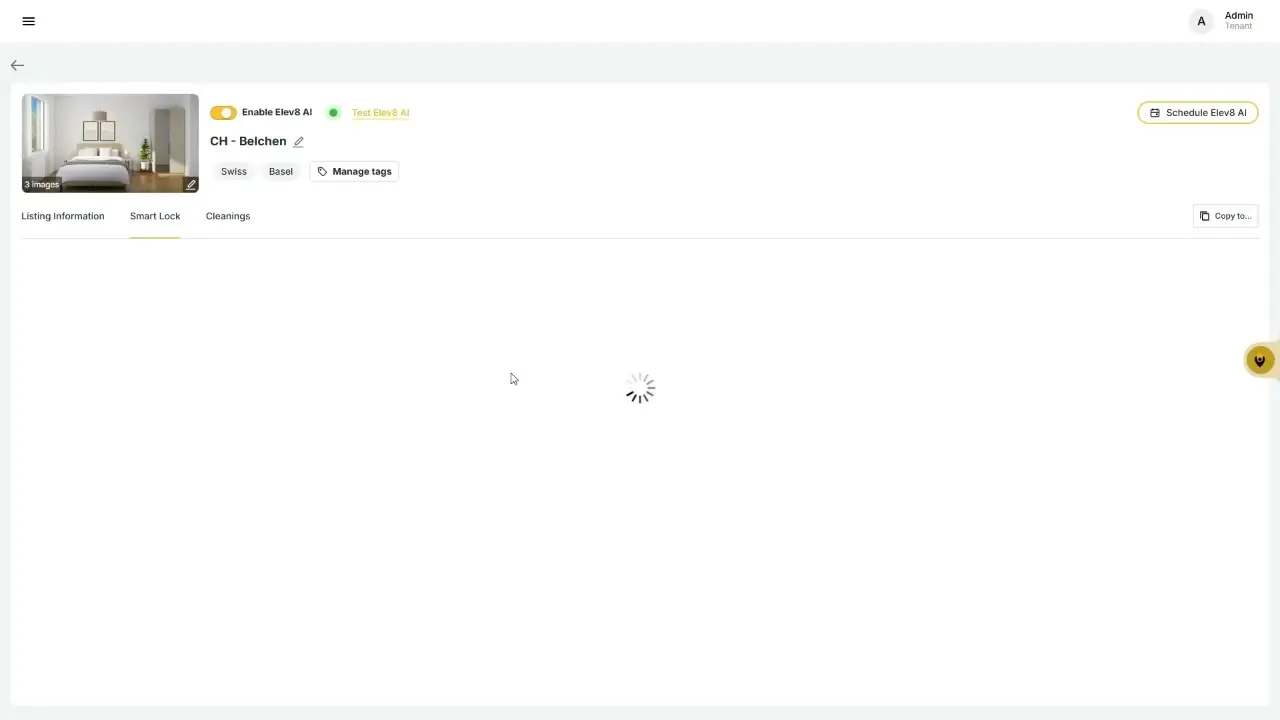 The user is viewing the "Smart Lock" tab for the "CH - Belchen" listing. A loading spinner is displayed in the center of the screen, indicating that data is being fetched or processed.