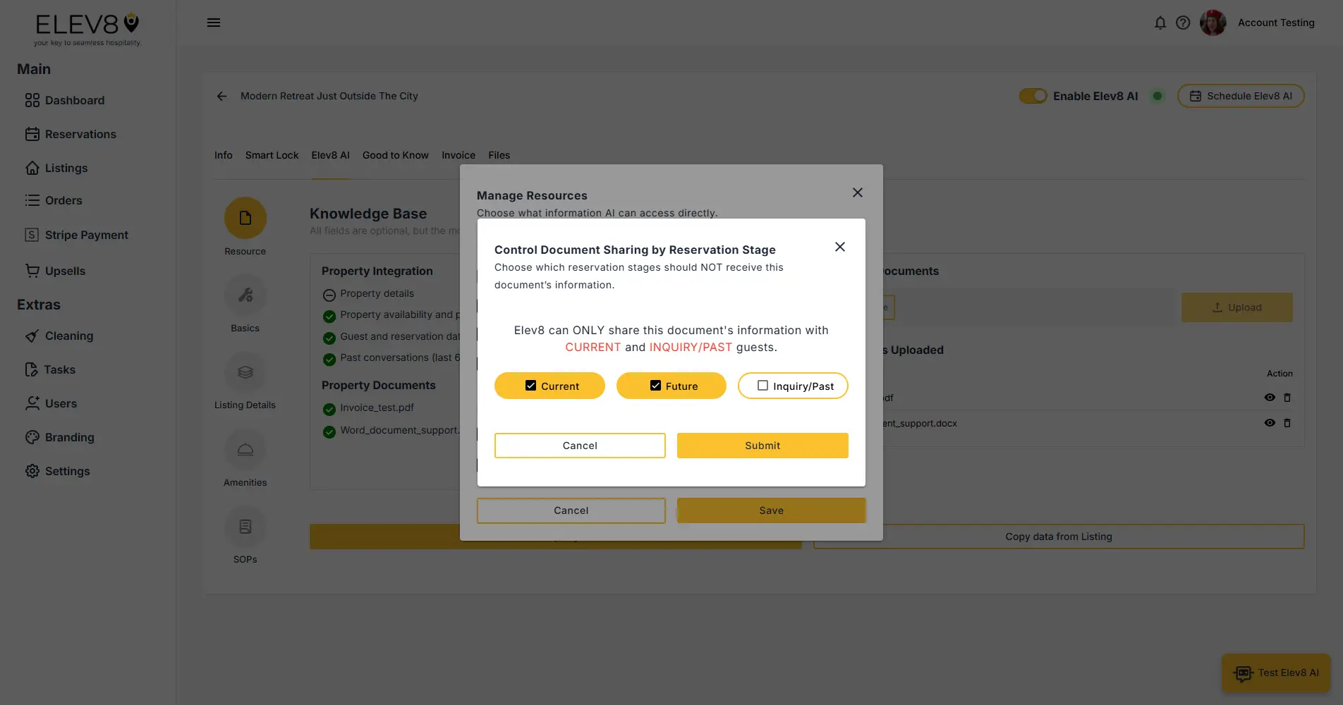 ELEV8 AI Manage Resources dialog for controlling document sharing by reservation stage.