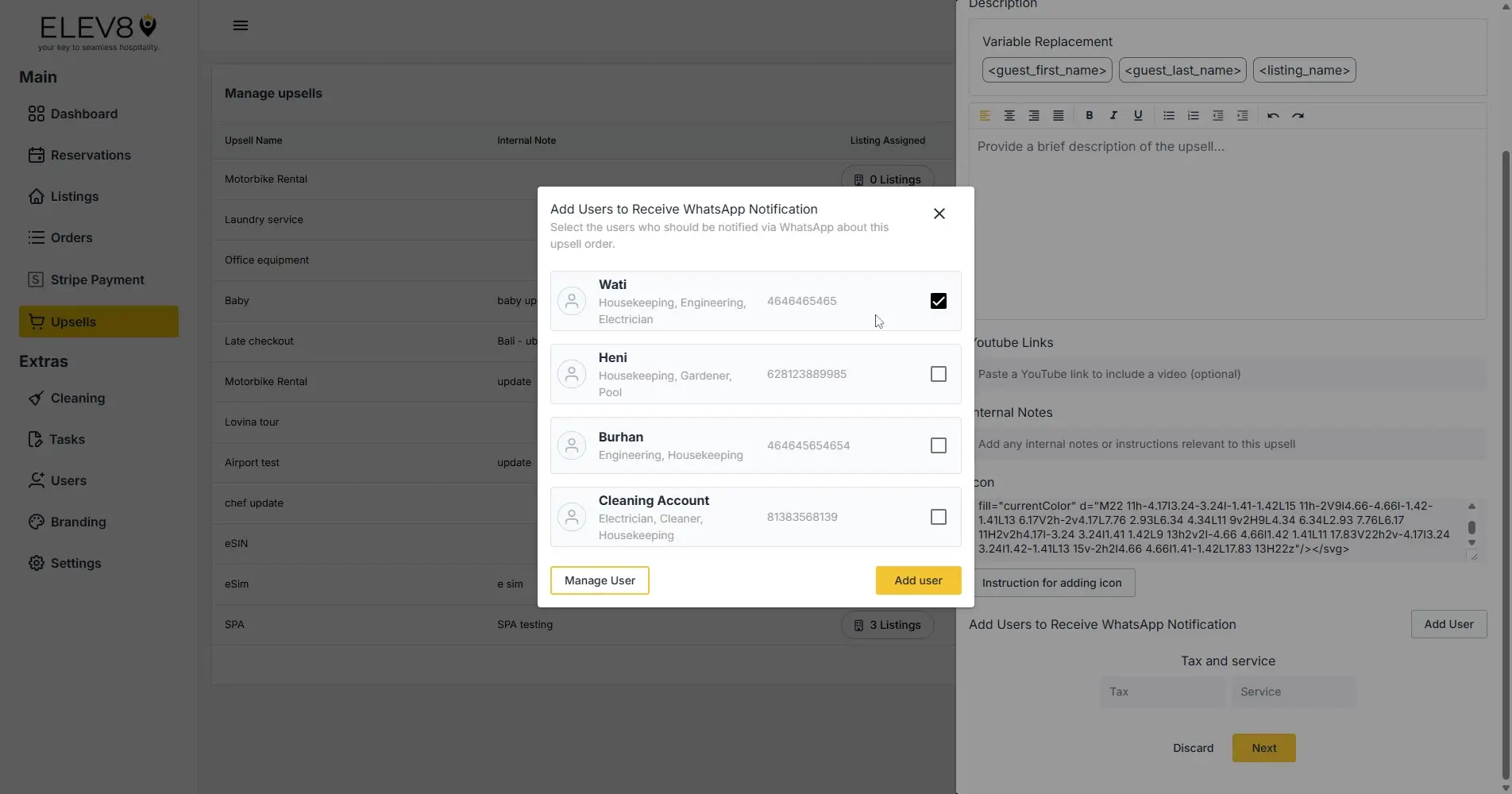 ELEV8 platform Manage Upsells section with Add Users to Receive WhatsApp Notification modal.