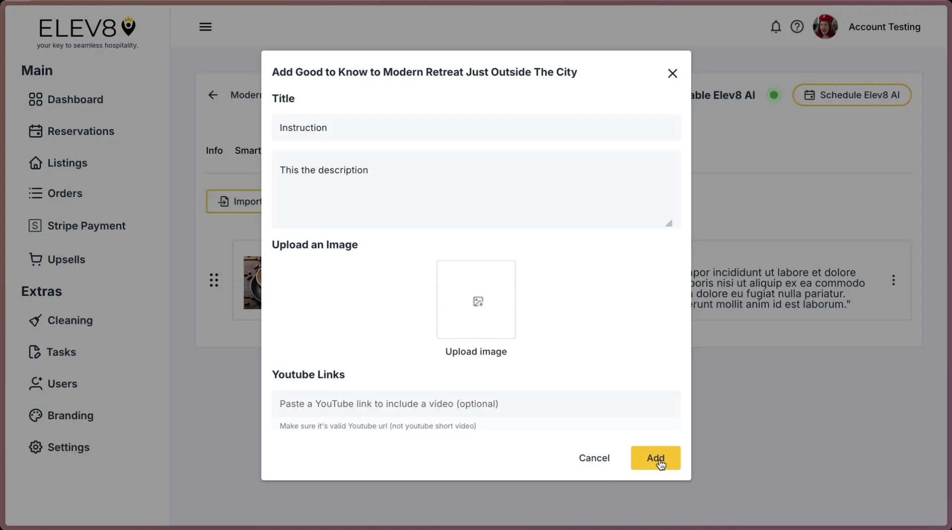 ELEV8 platform pop-up for adding information to a listing with fields for title, description, image upload, and YouTube links.
