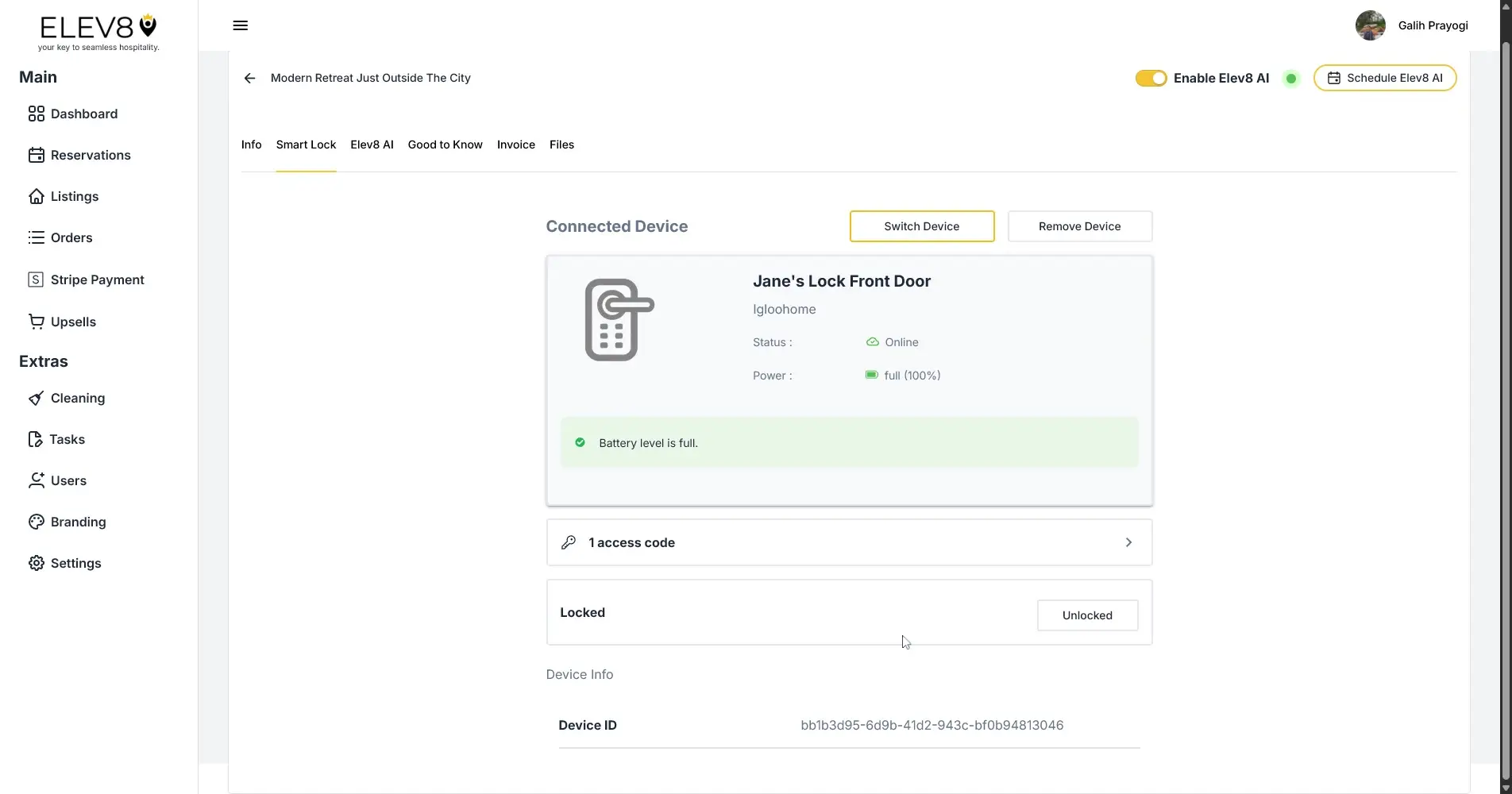 ELEV8 Smart Lock settings page showing Jane's Lock Front Door device details and options.