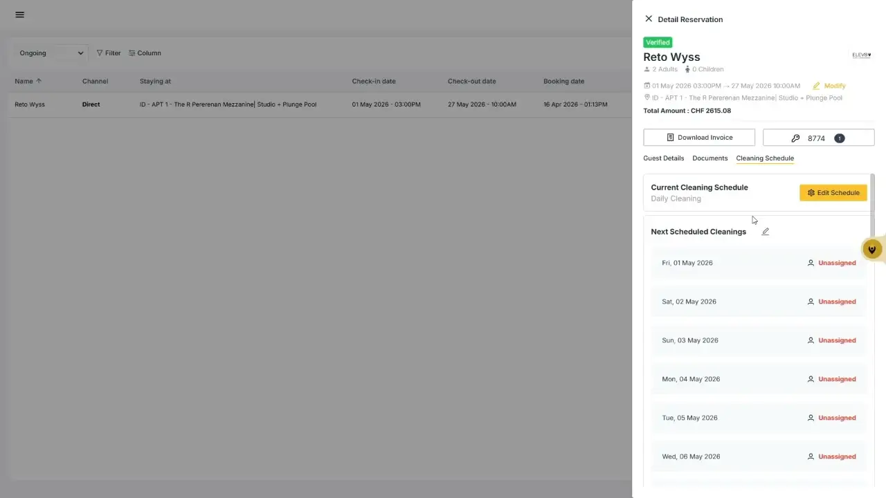 The user is viewing the cleaning schedule for a reservation. The current cleaning schedule is set to daily, and the next scheduled cleanings are listed, all currently unassigned.