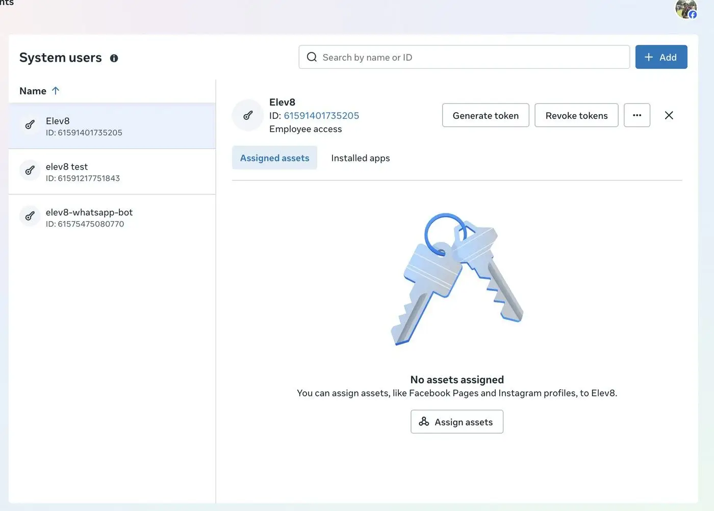 The System Users page displays a list of users on the left, with the selected user's details on the right. Currently, Elev8 is selected, showing its ID and employee access status. The right panel indicates that no assets are assigned to Elev8 and provides an option to assign them.