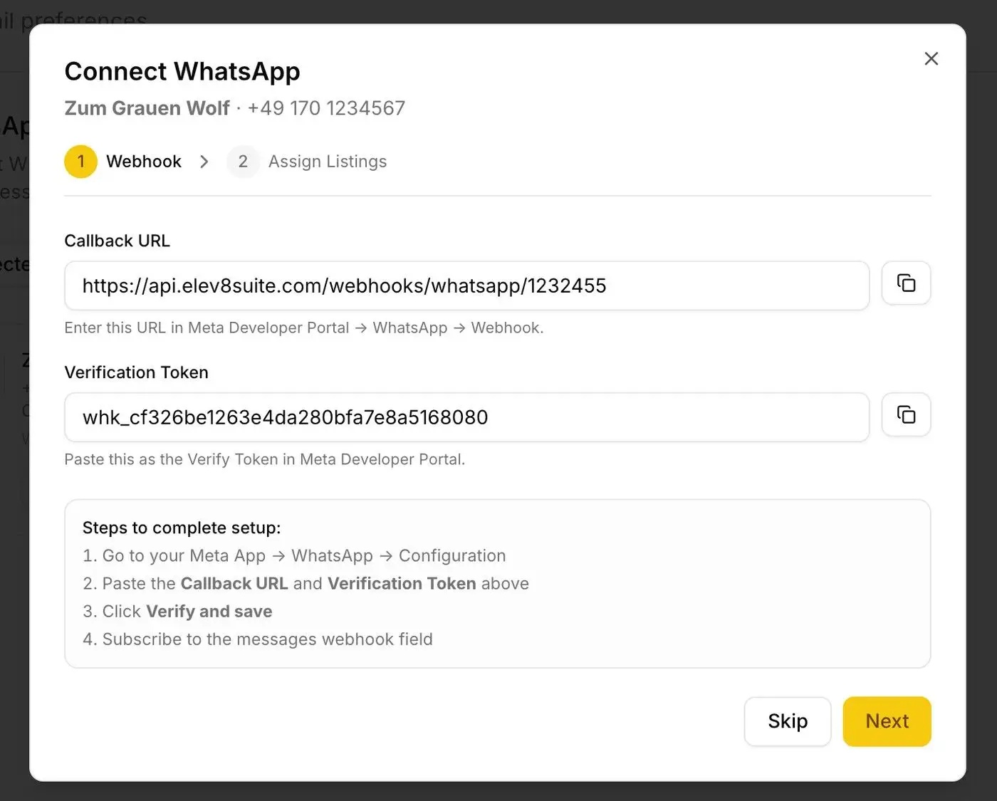 The "Connect WhatsApp" screen displays the Callback URL and Verification Token required to integrate with Meta. It provides step-by-step instructions for setting up the webhook in the Meta Developer Portal.